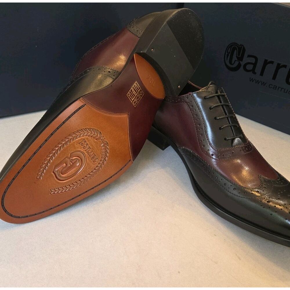 Carrucci Wingtip Oxford Full Brogue Mens Dress Leather Shoes Black/Burgundy 10.5 - Picture 5 of 7